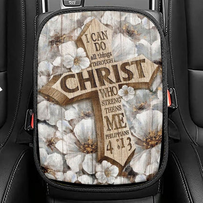 Camellia Flower, Jesus Cross, I Can Do All Things Car Center Console Cover, Christian Armrest Seat Cover, Bible Seat Box Cover