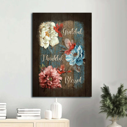 Camellia Northern Cardinal Grateful Thankful Blessed Canvas Wall Art - Christian Gift