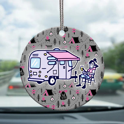 Camping Girl Ceramic Circle Ornament - Decorative Ornament - Christmas Ornament