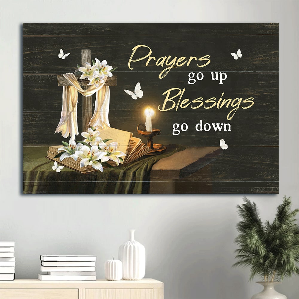 Candle Drawing White Lily Flower Wooden Cross Prayers Go Up Blessings Go Down Canvas Wall Art - Christian Wall Decor