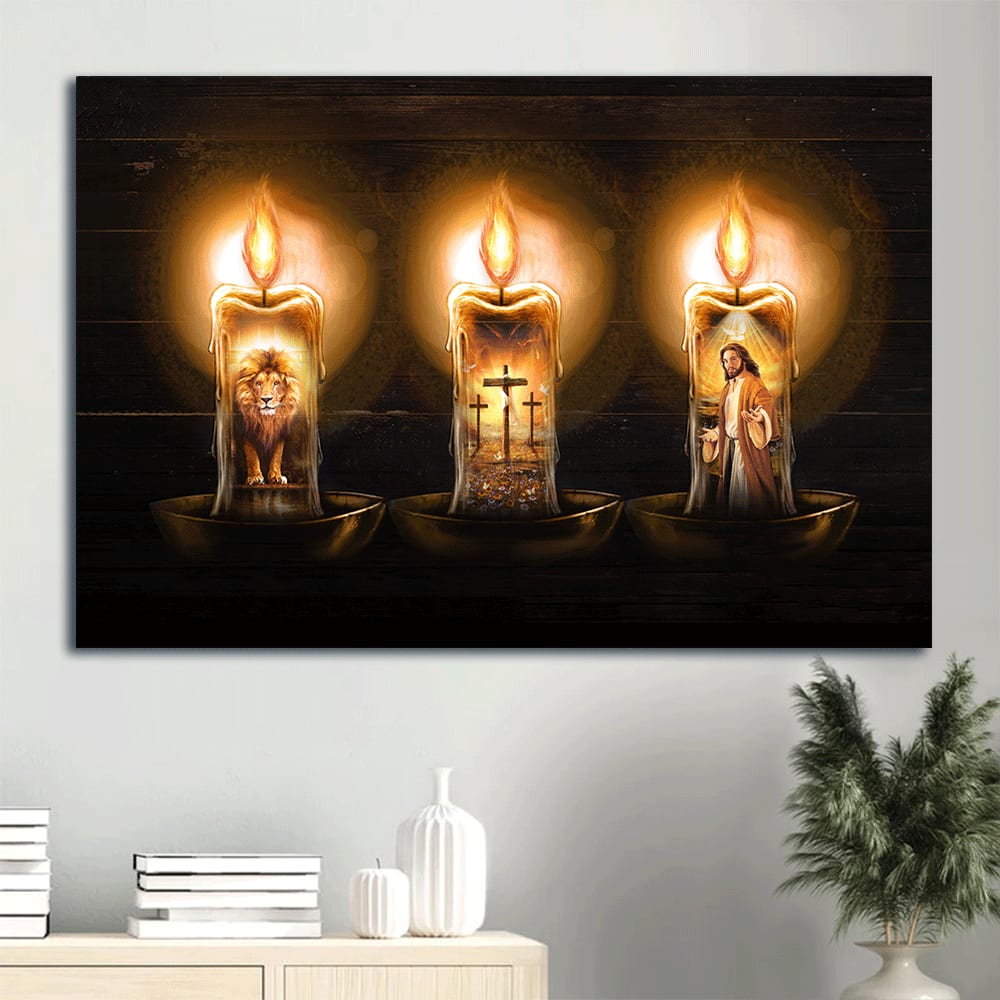 Candles Painting Lion Of Judah Jesus Painting The Three Rugged Crosses Canvas Wall Art - Christian Wall Decor