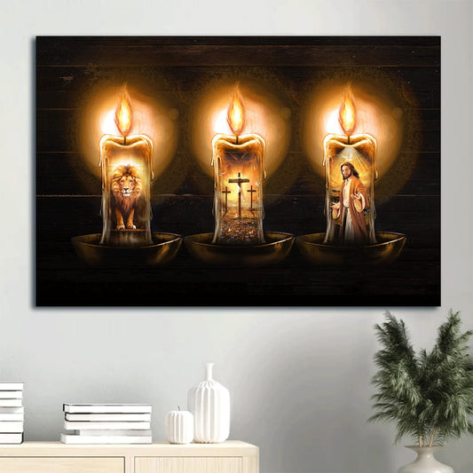 Candles Painting Lion Of Judah Jesus Painting The Three Rugged Crosses Canvas Wall Art - Christian Wall Decor