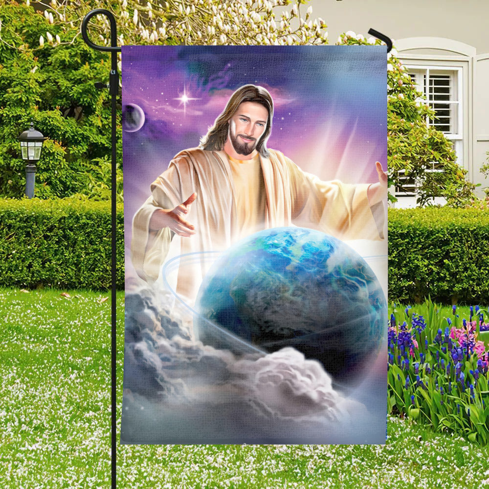 Jesus With Earth - Jesus Holding Earth - God Has The Whole World In His Hands - Jesus Flag - Garden Flag - Welcome Flag - Christian Gift - Ciaocustom