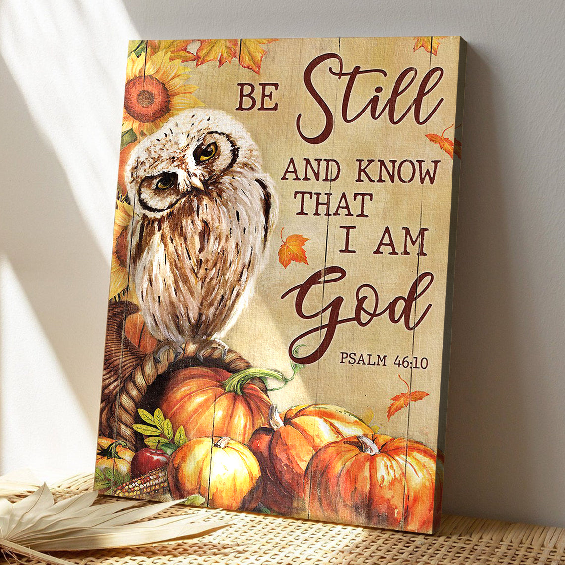 Bible Verse Canvas - God Canvas - Owl With Pumpkins - Be Still And Know That I Am God Canvas Wall Art - Ciaocustom
