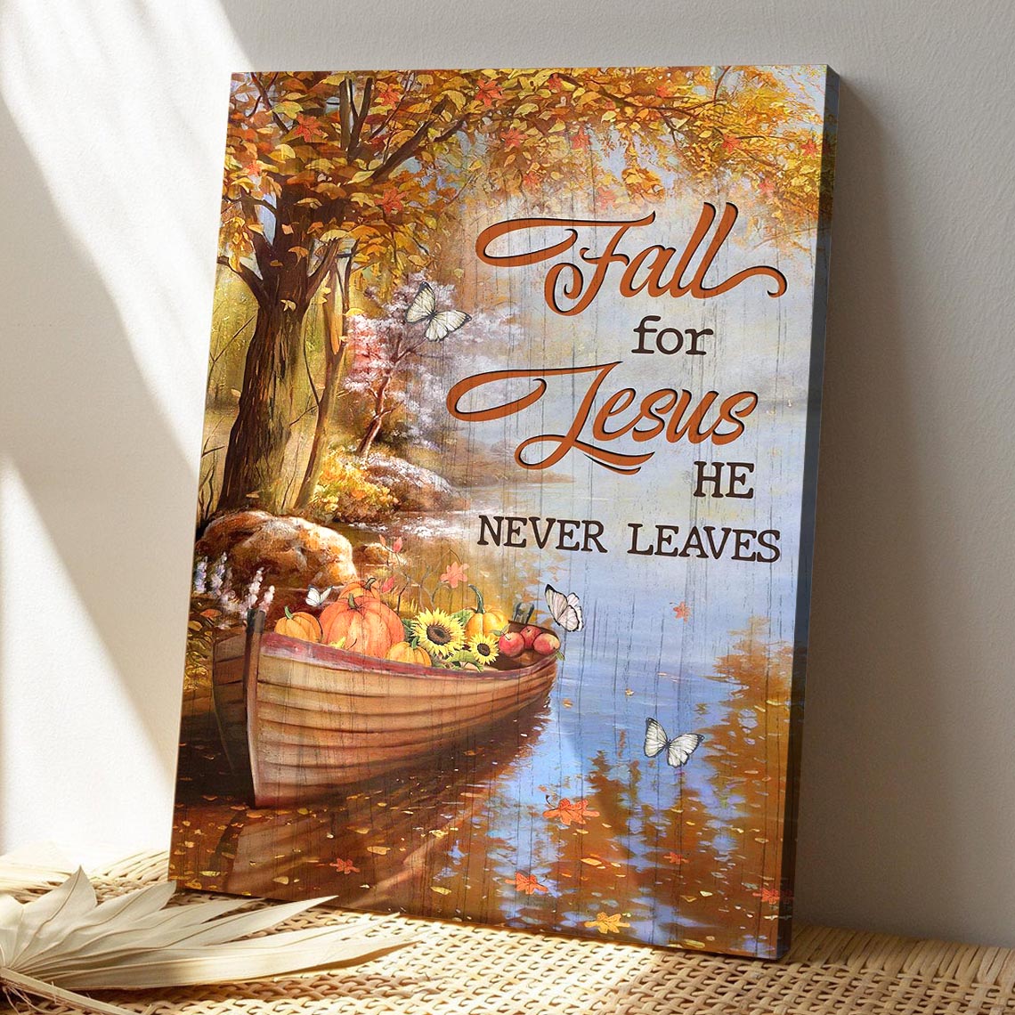 Pumpkin Boat - Fall For Jesus He Never Leaves Canvas Wall Art - Bible Verse Canvas - God Canvas - Scripture Canvas Wall Art - Ciaocustom