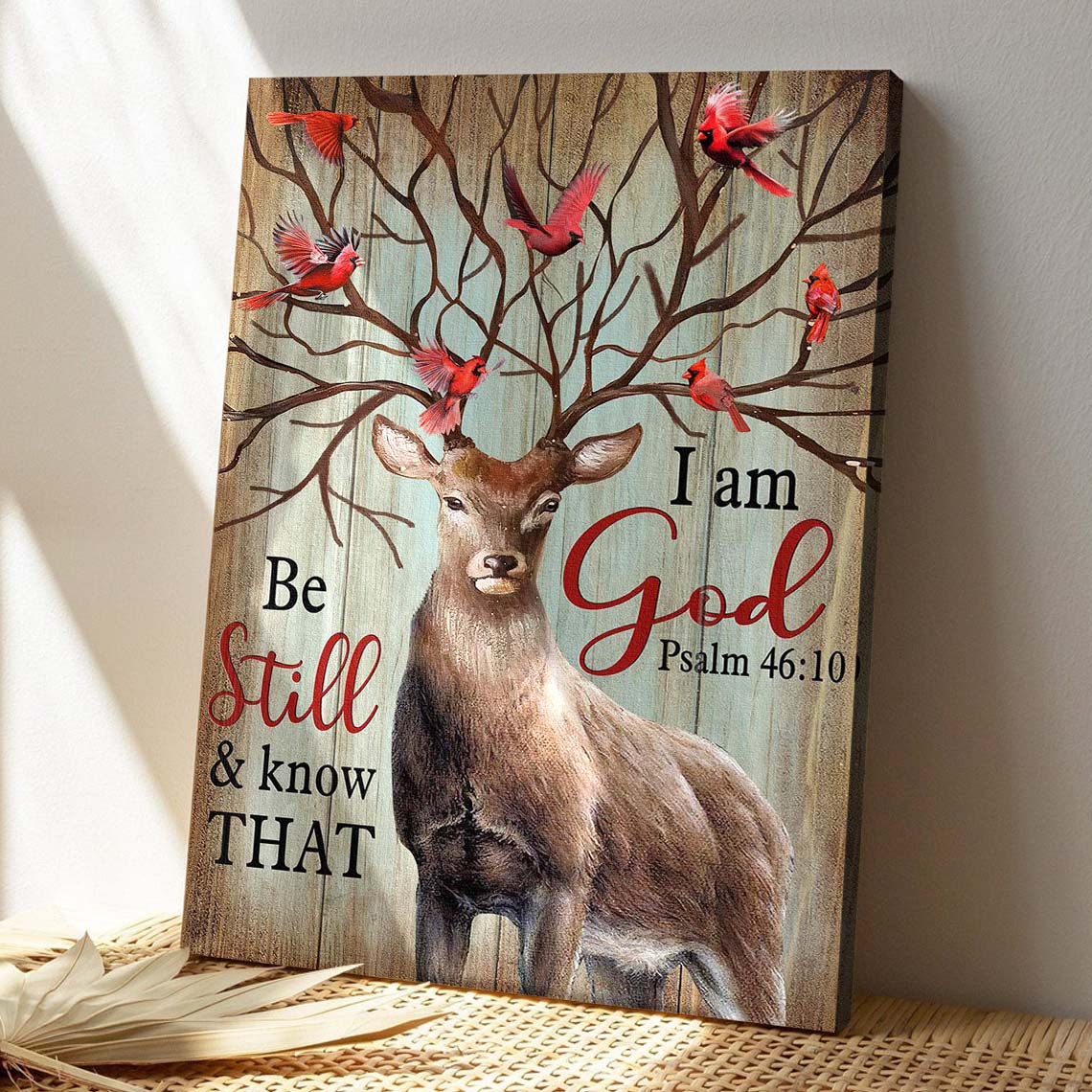 Deer With Cardinal - Be Still And Know That I Am God Canvas Wall Art - Bible Verse Canvas - God Canvas - Scripture Canvas Wall Art - Ciaocustom