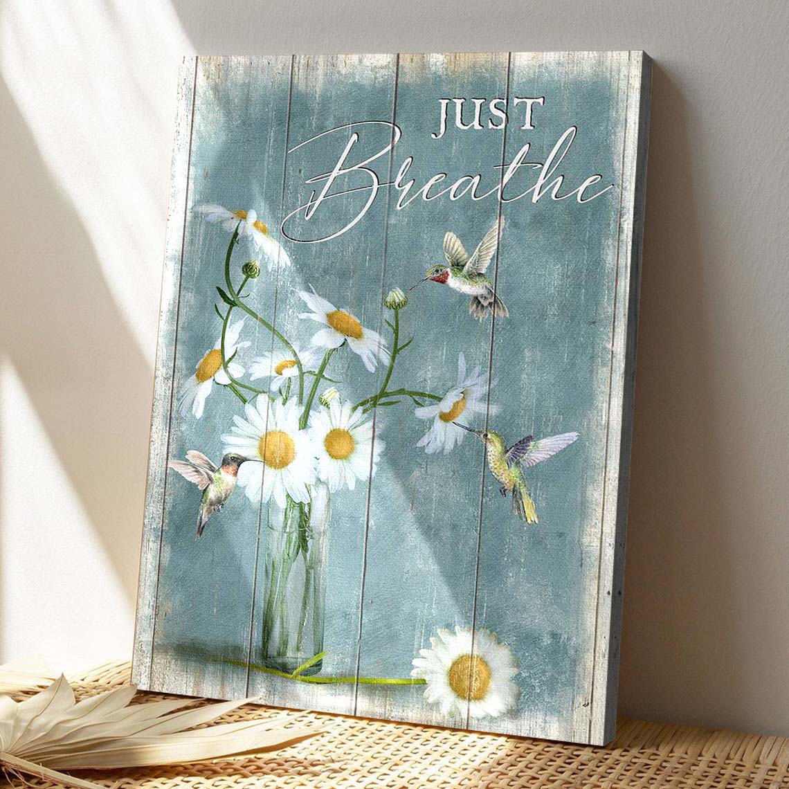 Daisy With Hummingbird - Just Breathe Canvas Wall Art - Bible Verse Canvas - God Canvas - Scripture Canvas Wall Art - Ciaocustom