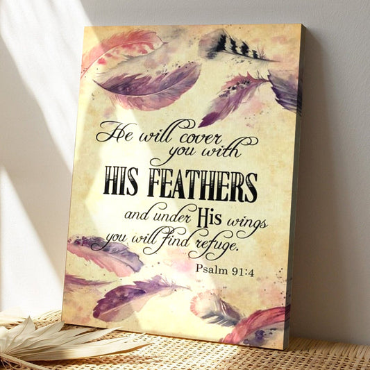 Bible Verse Canvas - God Canvas - Psalm 914 Niv He Will Cover You With His Feathers Canvas - Scripture Canvas Wall Art - Ciaocustom