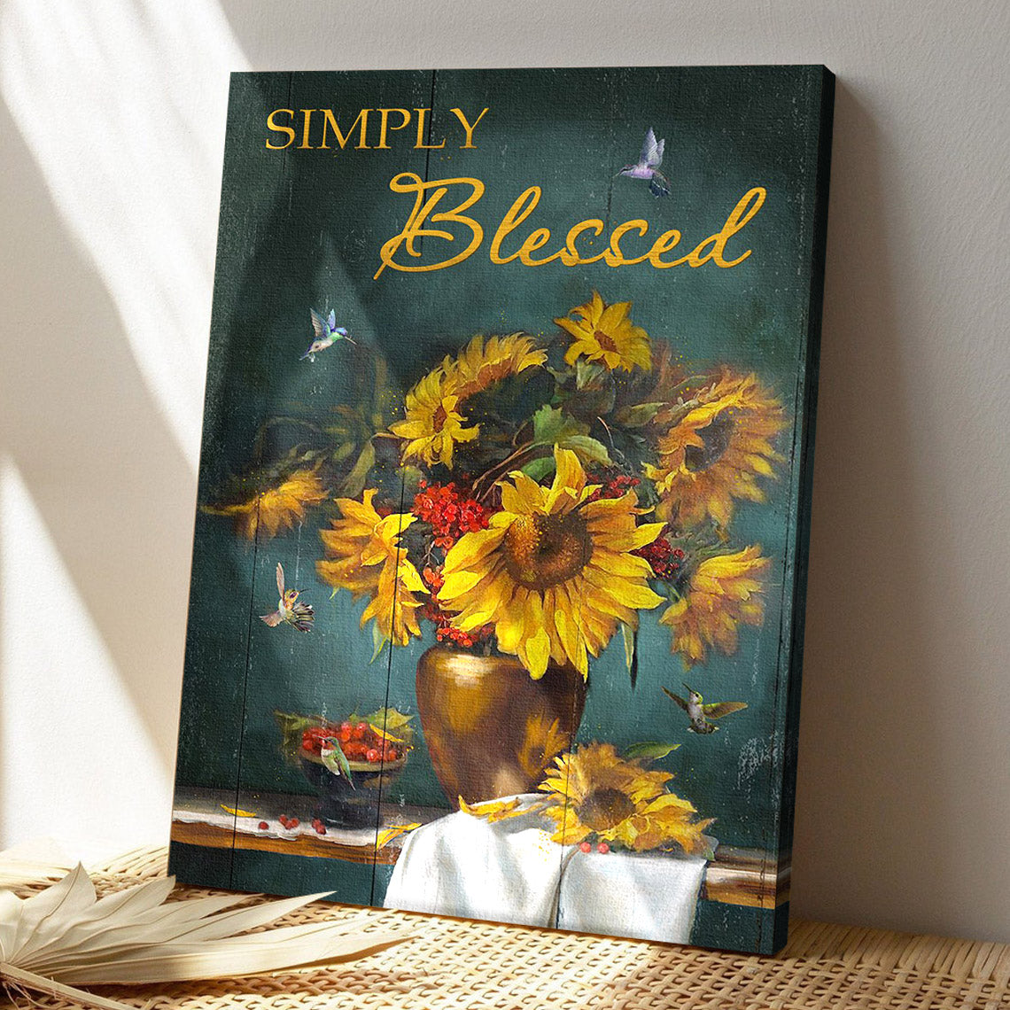 Sunflower Vase With Hummingbird - Simple Blessed - Bible Verse Canvas - God Canvas - Scripture Canvas Wall Art - Ciaocustom