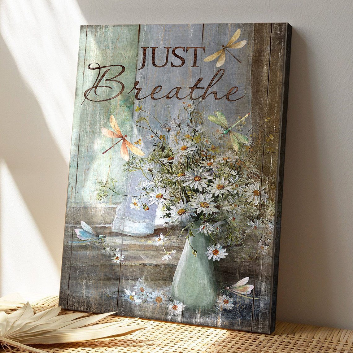 Just Breathe Canvas Wall Art - Vintage Daisy Vase With Dragonfly Painting - Ciaocustom
