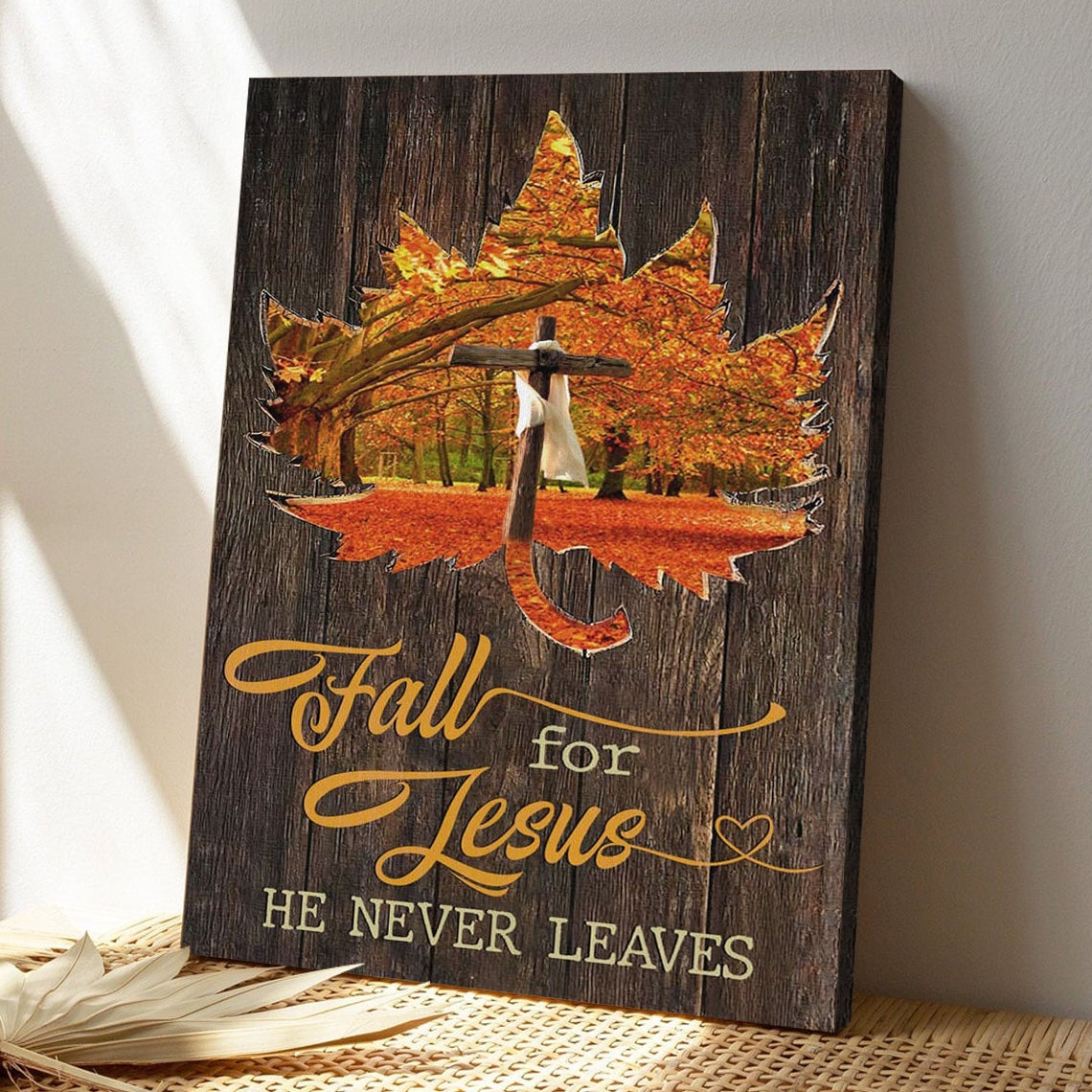 Bible Verse Canvas - God Canvas - Fall For Jesus He Never Leaves Cross Autumn Leaves - Scripture Canvas Wall Art - Ciaocustom