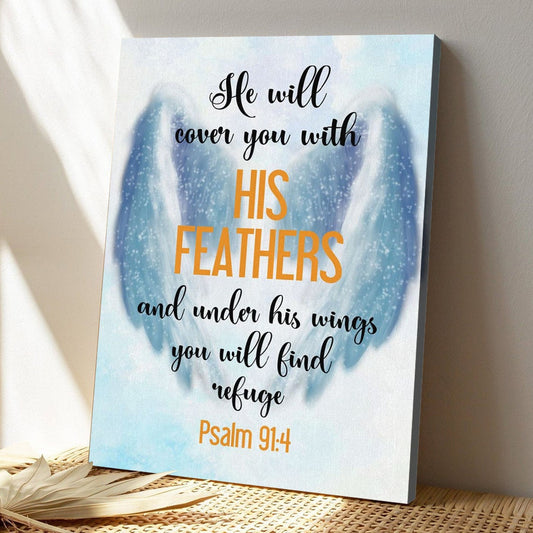 Bible Verse Canvas - God Canvas - He Will Cover You With His Feathers Psalm 914 Canvas - Scripture Canvas Wall Art - Ciaocustom