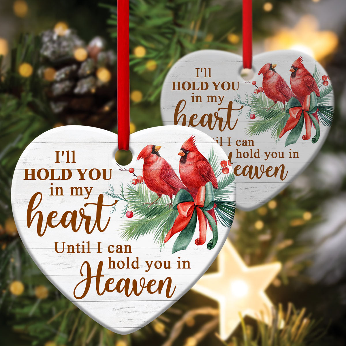 Cardinal Bird Ceramic Heart Ornament - I'll Hold You In My Heart - Christmas Decor - Funny Ornament