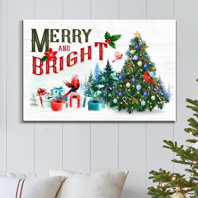Cardinal Christmas Tree, Merry And Bright Wall Art Canvas - Religious Wall Decor