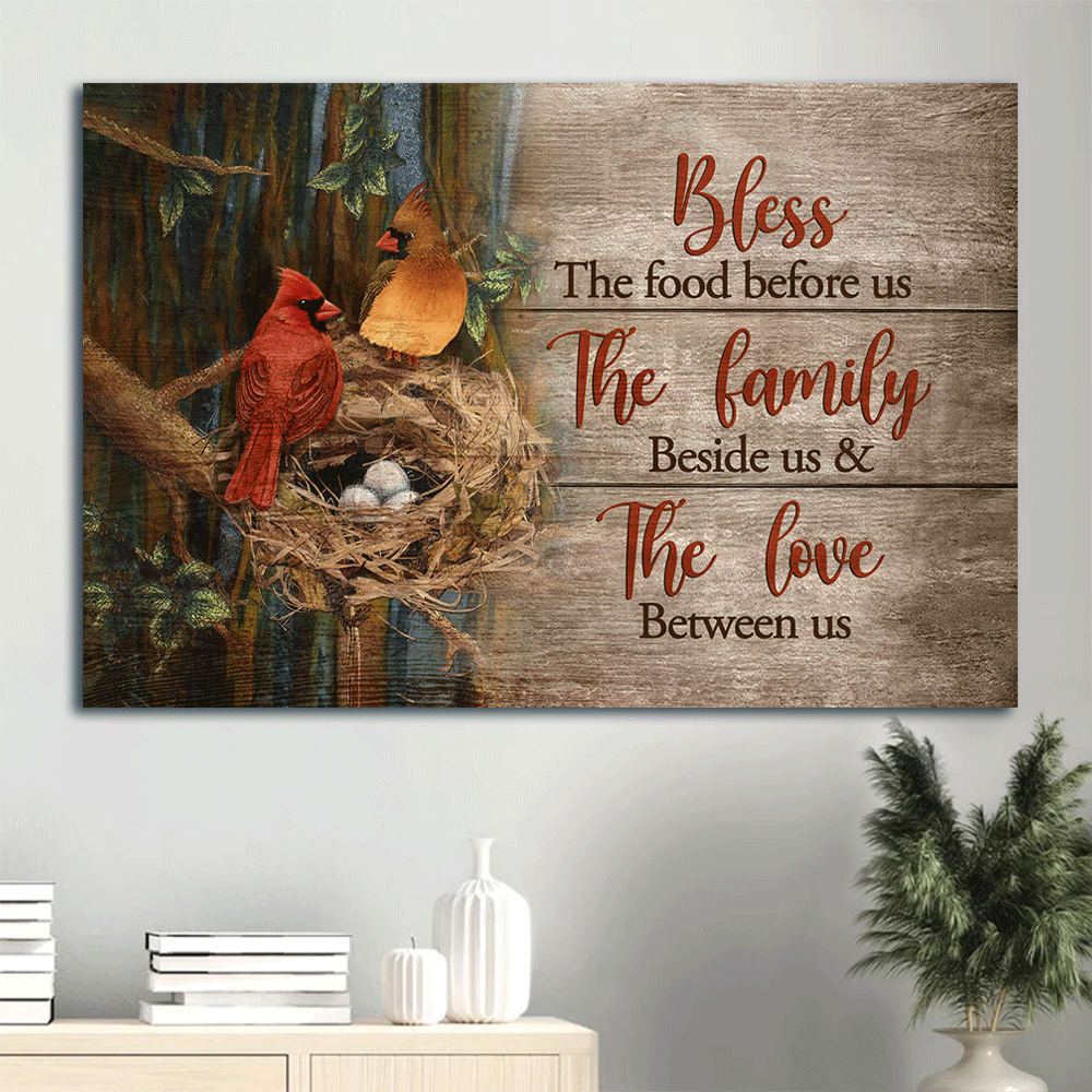 Cardinal Couple. Bird Nest In The Forest Bless The Food Before Us Canvas Wall Art - Christian Wall Decor