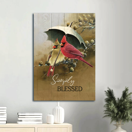 Cardinal Drawing Green Umbrella Pinecone Painting Simply Blessed Christian Canvas Wall Art - Christian Gift