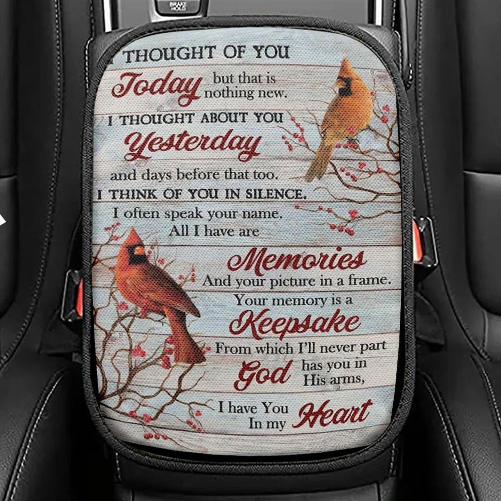 Cardinal Drawing Red Cranberry I Thought Of You Today Car Center Console Cover, Christian Armrest Seat Cover, Bible Seat Box Cover