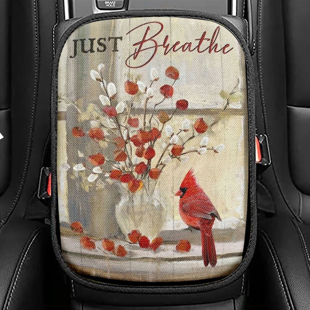 Cardinal, Fuchsia Flower, Willow Flower, Just Breathe Car Center Console Cover, Christian Armrest Seat Cover, Bible Seat Box Cover