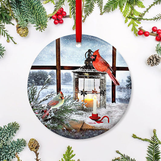 Cardinal Lantern Ceramic Circle Ornament - Decorative Ornament - Christmas Ornament