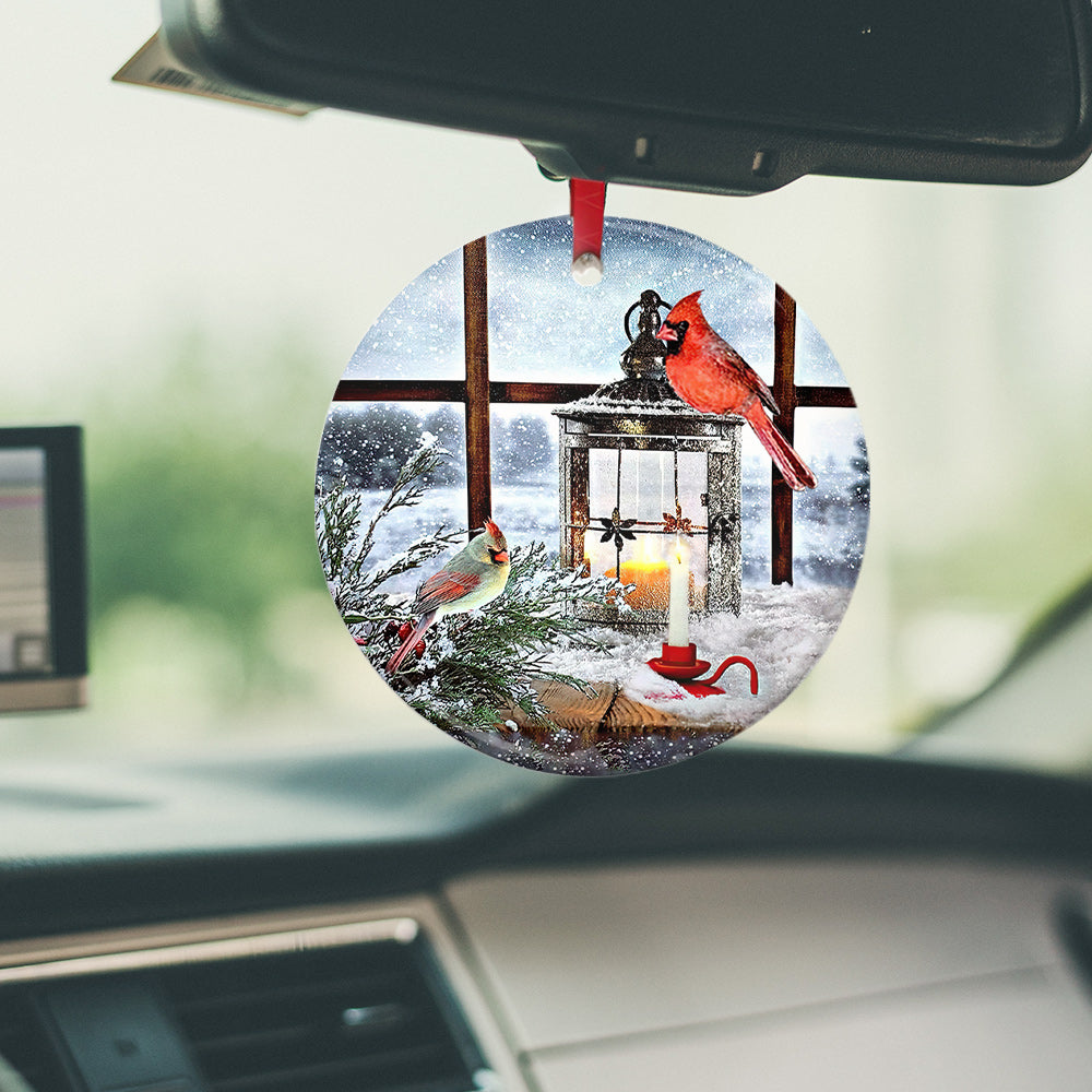 Cardinal Lantern Ceramic Circle Ornament - Decorative Ornament - Christmas Ornament