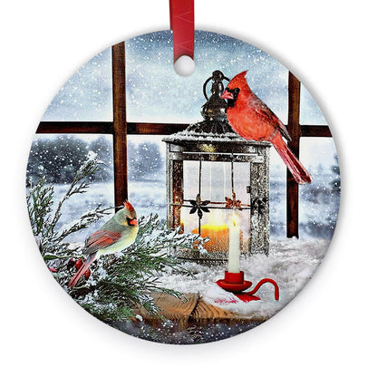 Cardinal Lantern Ceramic Circle Ornament - Decorative Ornament - Christmas Ornament