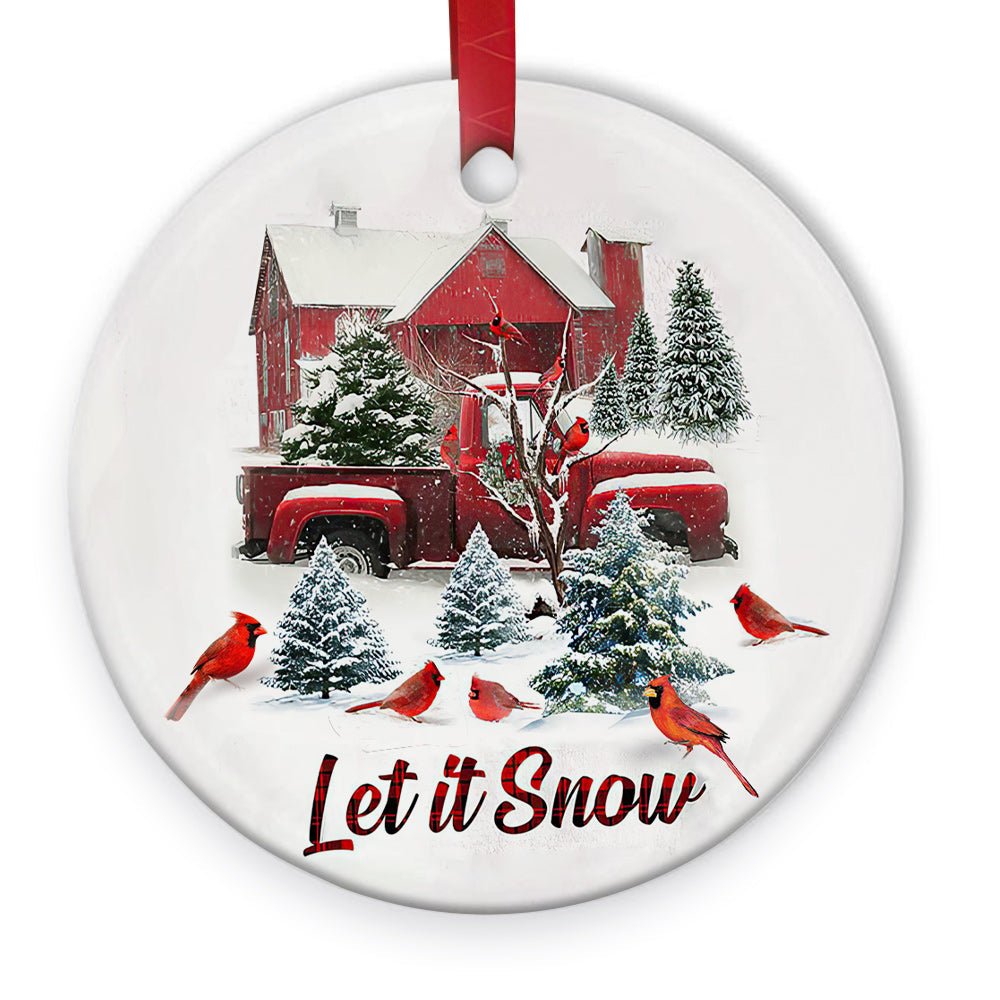 Cardinal Let It Snow Redtruck Ceramic Circle Ornament - Decorative Ornament - Christmas Ornament