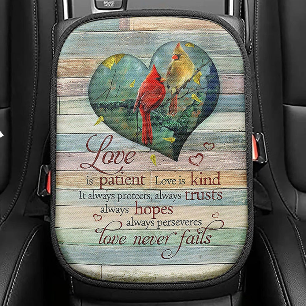 Cardinal Love Is Patient Love Is Kind Seat Box Cover, Christian Car Center Console Cover, Religious Car Interior Accessories