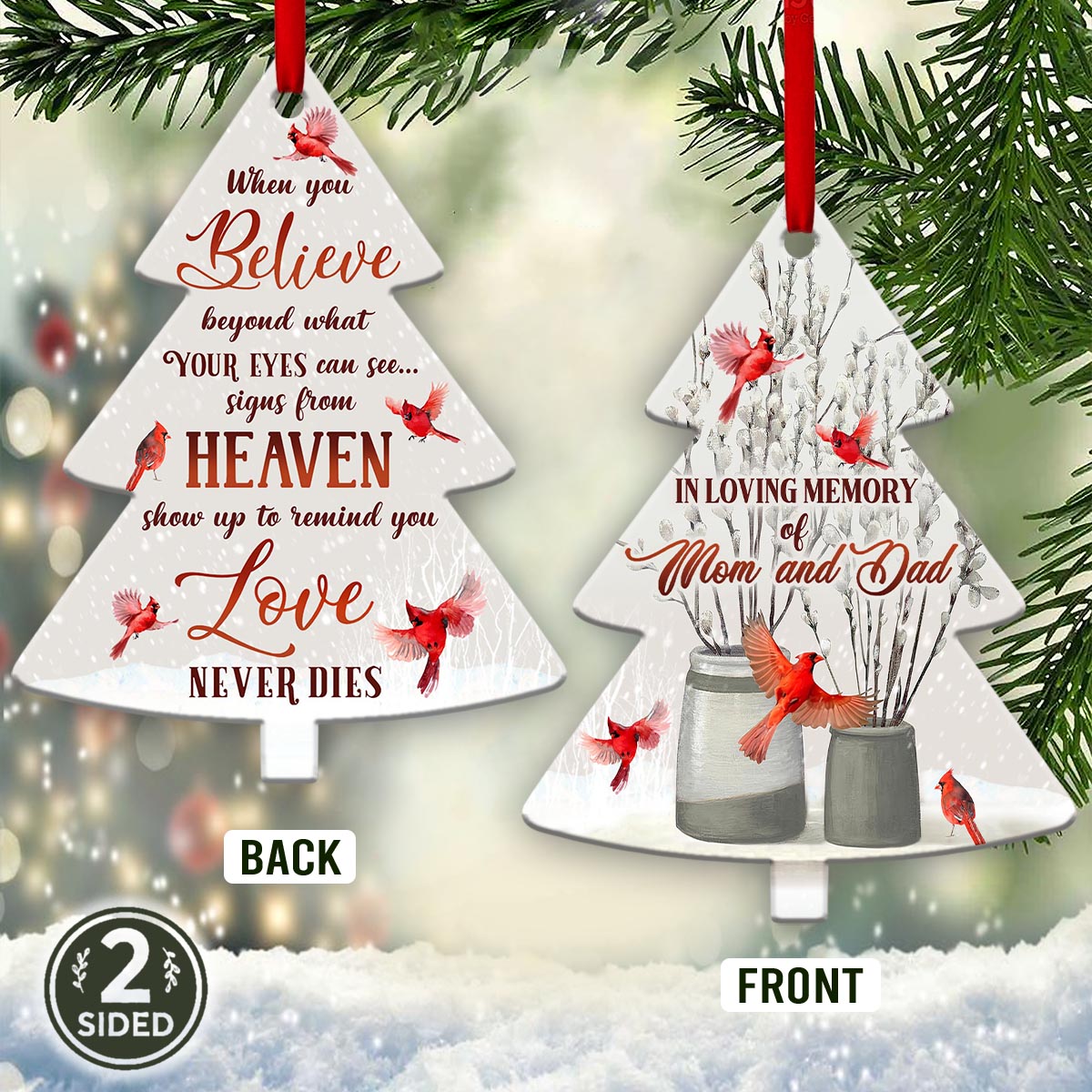 Cardinal Memorial Mom And Dad Tree Shaped Ornament - Christmas Ornament - Ciaocustom