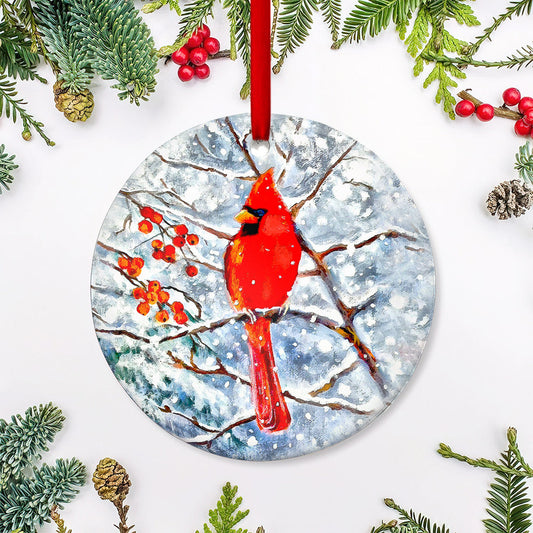 Cardinal Painting Art Ceramic Circle Ornament - Decorative Ornament - Christmas Ornament