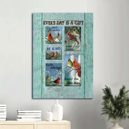 Cardinal Painting Spring Season Blue Window Background Every Day Is A Gift Canvas Wall Art - Christian Gift