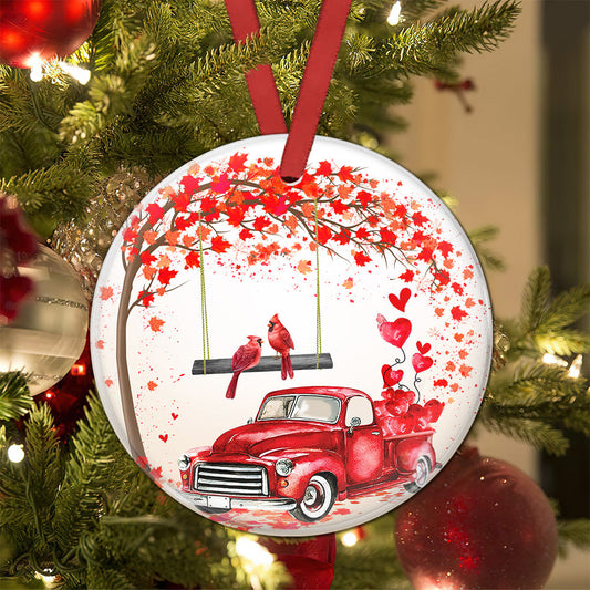 Cardinal Red Truck Ceramic Circle Ornament - Decorative Ornament - Christmas Ornament