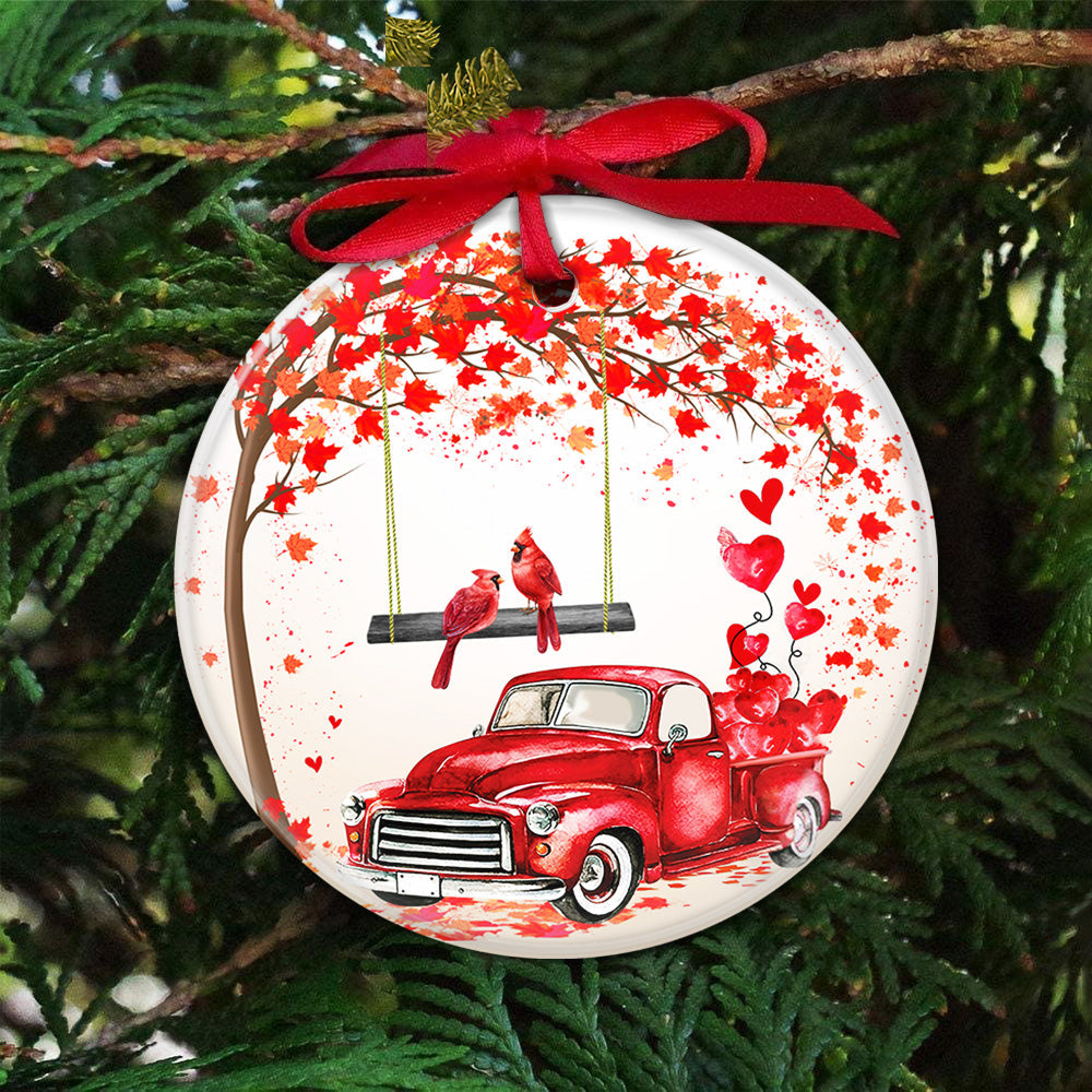 Cardinal Red Truck Ceramic Circle Ornament - Decorative Ornament - Christmas Ornament