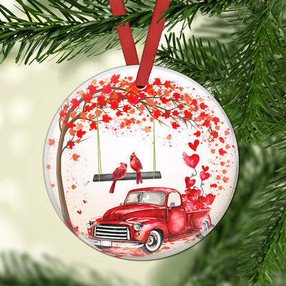 Cardinal Red Truck Ceramic Circle Ornament - Decorative Ornament - Christmas Ornament