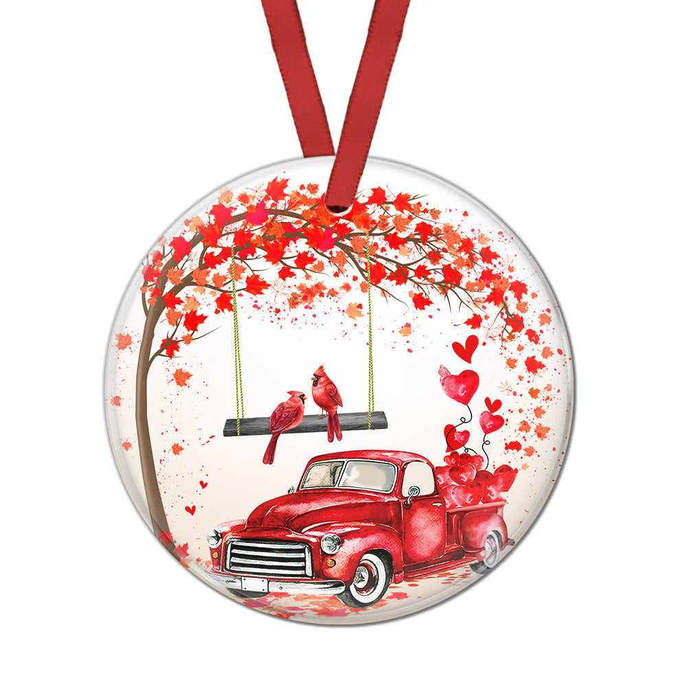Cardinal Red Truck Ceramic Circle Ornament - Decorative Ornament - Christmas Ornament