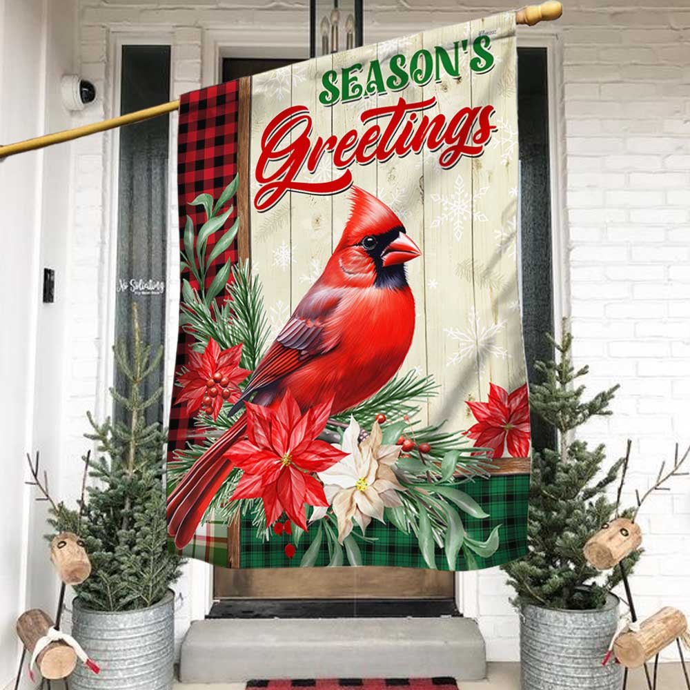 Cardinal Season's Greetings Winter Christmas Flag - Religious Christmas House Flags