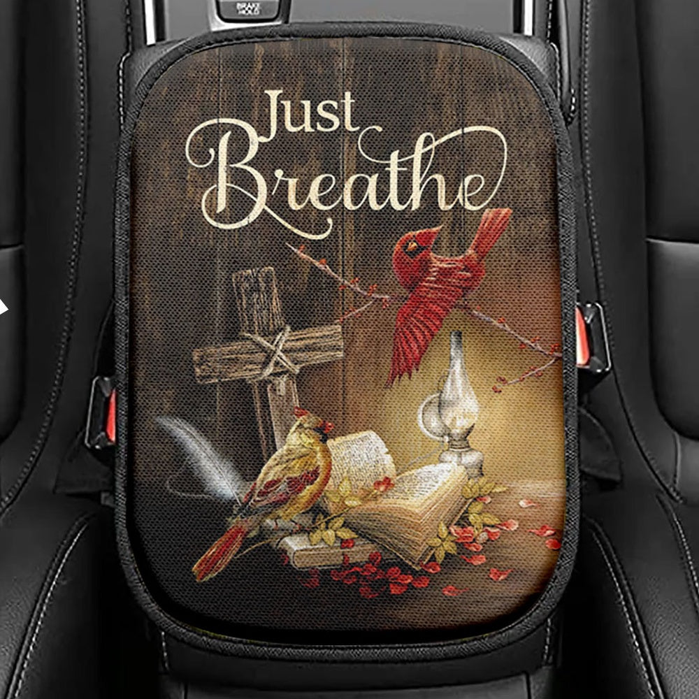 Cardinal Vintage Lantern Bible Just Breathe Seat Box Cover, Christian Car Center Console Cover