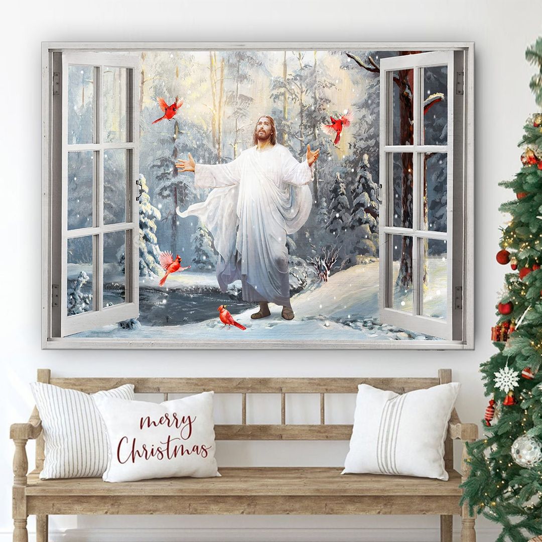 Cardinal Walking With Jesus Into The Winter Forest Canvas Wall Art - Jesus Canvas Pictures - Christian Wall Posters
