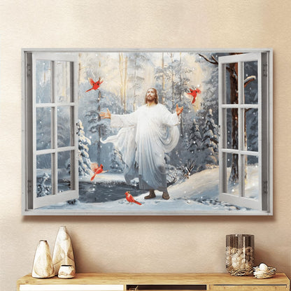 Cardinal Walking With Jesus Into The Winter Forest Canvas Wall Art - Jesus Canvas Pictures - Christian Wall Posters