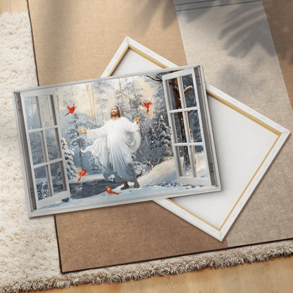 Cardinal Walking With Jesus Into The Winter Forest Canvas Wall Art - Jesus Canvas Pictures - Christian Wall Posters