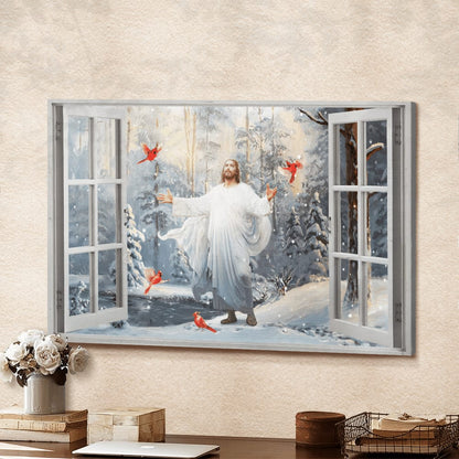 Cardinal Walking With Jesus Into The Winter Forest Canvas Wall Art - Jesus Canvas Pictures - Christian Wall Posters