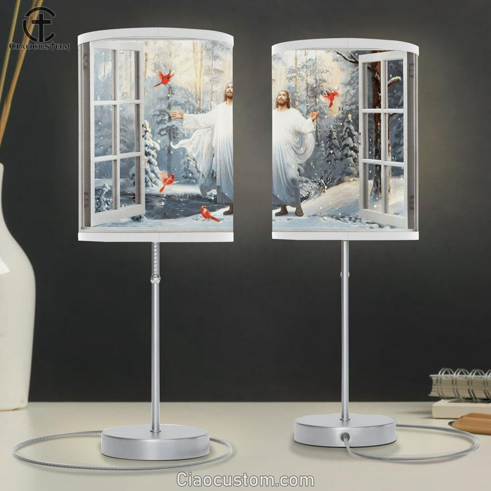 Cardinal Walking With Jesus Into The Winter Forest Table Lamp