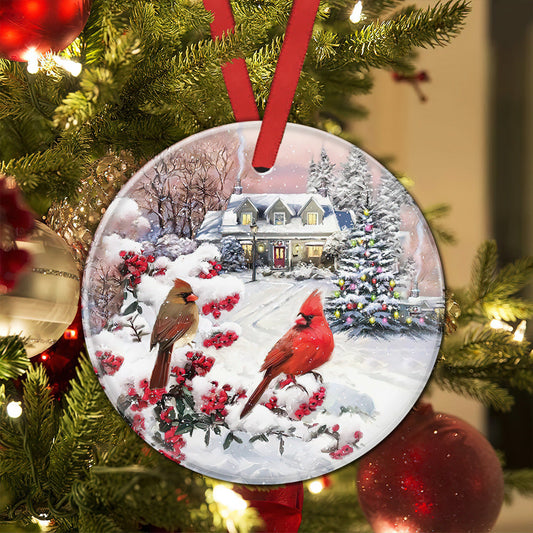 Cardinal Winter Cardinal Art Ceramic Circle Ornament - Decorative Ornament - Christmas Ornament