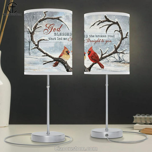 Cardinal Winter Landscape God Blessed The Broken Road That Led Me Straight To You Table Lamp