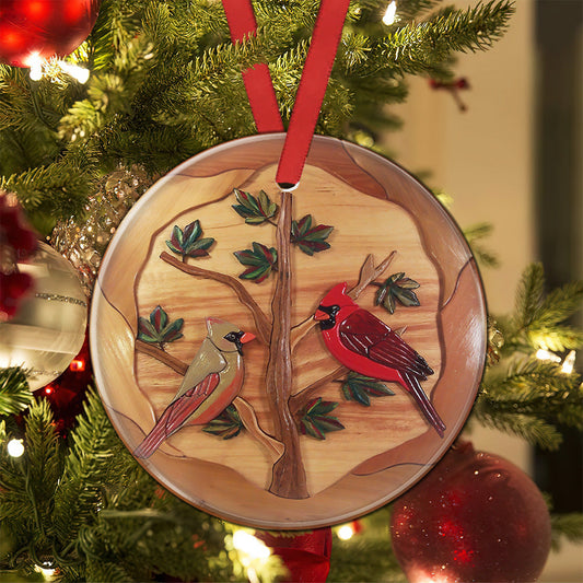 Cardinal Wooden Ceramic Circle Ornament - Decorative Ornament - Christmas Ornament