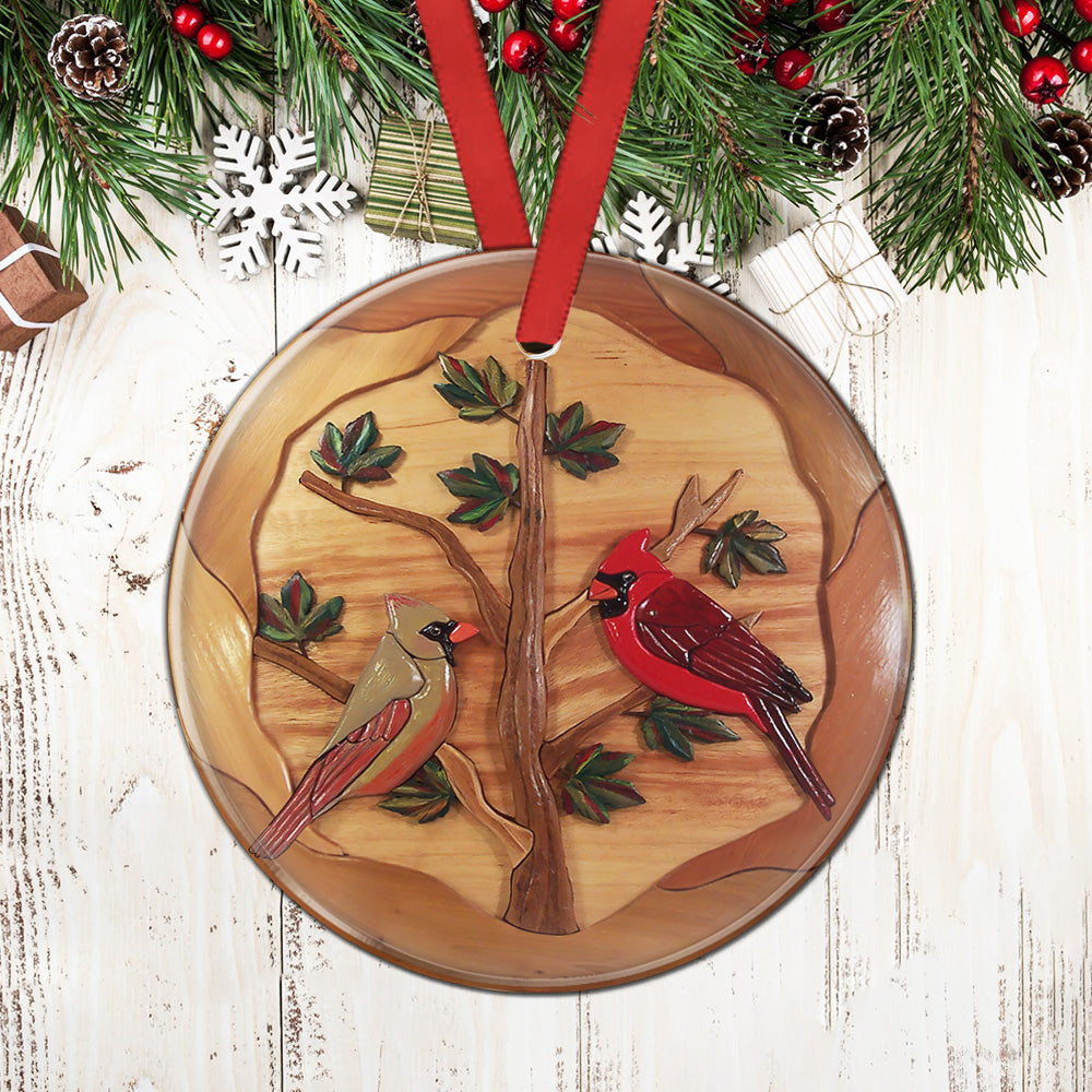 Cardinal Wooden Ceramic Circle Ornament - Decorative Ornament - Christmas Ornament