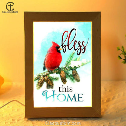 Cardinals Bird Bless This Home Christian Frame Lamp Prints - Bible Verse Wooden Lamp - Scripture Night Light