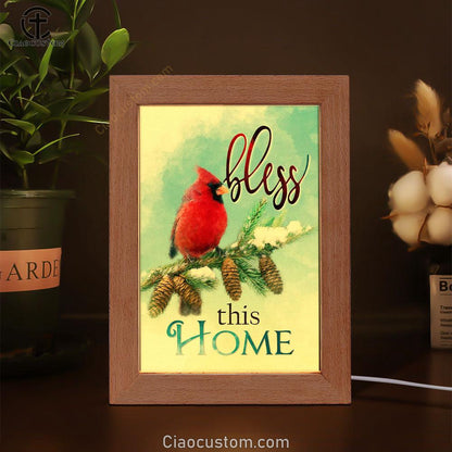 Cardinals Bird Bless This Home Christian Frame Lamp Prints - Bible Verse Wooden Lamp - Scripture Night Light