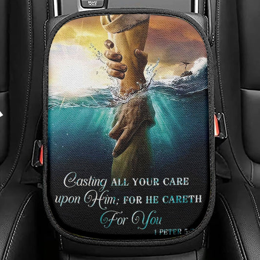 Casting All Your Care Upon Him 1 Peter 57 Bible Verse Seat Box Cover, Bible Verse Car Center Console Cover, Scripture Car Interior Accessories
