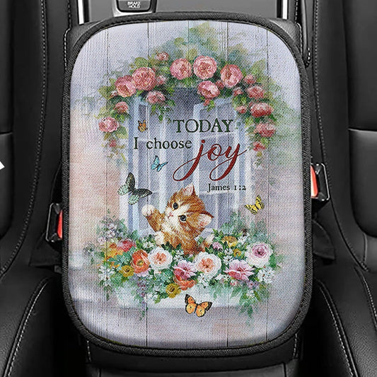 Cat Butterflies Today I Choose Joy Seat Box Cover, Christian Car Center Console Cover, Gift For Cat Lover