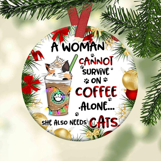 Cat Christmas Coffee Ceramic Circle Ornament - Decorative Ornament - Christmas Ornament